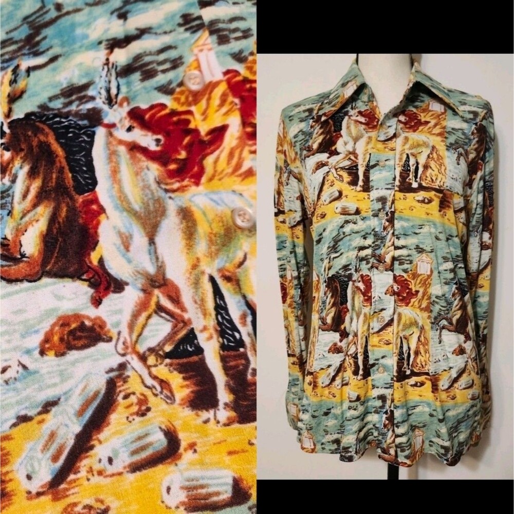 Vintage 70s Nylon Dagger Collar Horses Roman Chariot Novelty Print Shirt Mens S